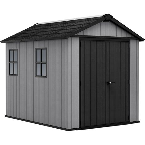 Newton + 759/975 - Casetta da Giardino 287x246x230 cm 2 Ante per deposito attrezzi finitura effetto legno Evotech+ in Resina Grigio e Nero