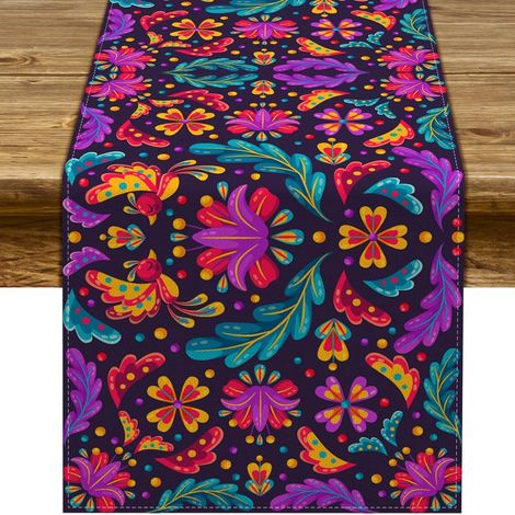 Chemin de table mexicain pour la Fête des Morts, imprimé floral et crâne, décoration d'Halloween pour salon et meuble TV - 30 x 180 cm (polyester) - WSJZQ-10