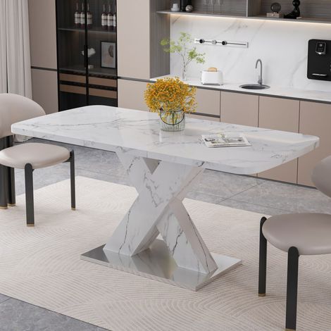 Table de salle à manger extensible - 20-160x80x76.5 cm - Table rectangulaire effet marbre blanc - Pied en X - Moderne - Blanc (1/5)