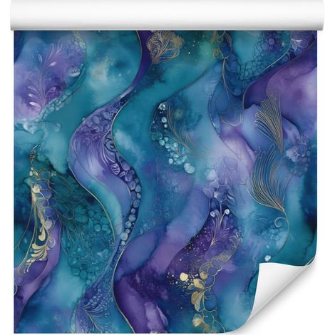 Carta da parati effetto inchiostro blu, turchese, blu navy e viola 50x1000 cm (1/5)