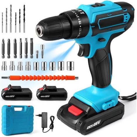 Perceuse Visseuse Sans Fil 28V, Visseuse Devisseuse 32N.m couple, avec 24 Accessoires +2 Batterie+chargeur (1/5)