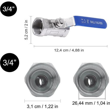 2 Vannes à bille, filetage interne, acier inoxydable 304, poignée bleue, pour eau et huile (1/5)