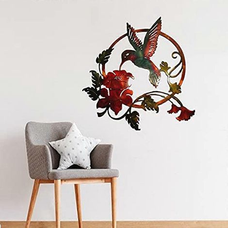 Décoration murale ronde en métal représentant un oiseau, un colibri et une fleur, idéale pour le jardin ou le salon. Ornement suspendu circulaire en fer forgé. (1/4)