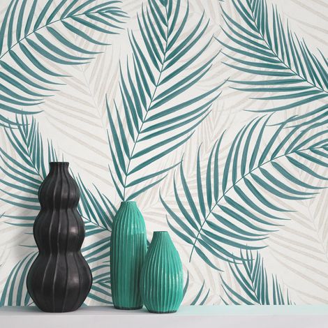 Papier peint intissé bleu et beige motif feuilles de palmier – Tapisserie moderne pour couloir – Résistant à l'humidité et facile à poser – Bricoflor (1/4)