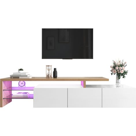 Mobile TV LED moderno con ante, ripiani in vetro e 3 vani, finitura bianco lucido e legno chiaro, per soggiorno organizzato, con controllo app – CHICFURN (1/5)