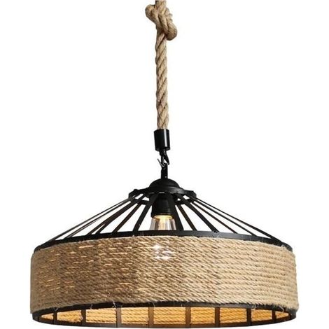 Suspension corde de chanvre style rétro métal noir rustique E27 220V sans ampoule – luminaire plafond décoratif pour couloir, entrée et salle à manger