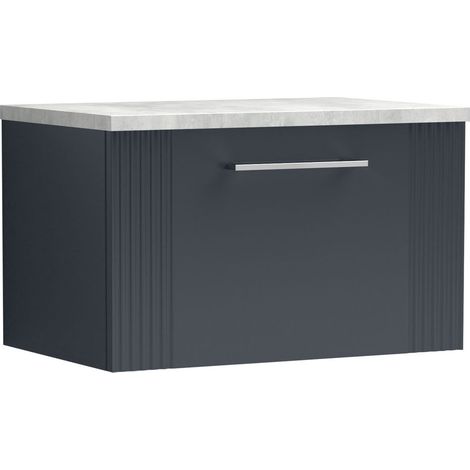 Belvide Partial Fluted 1 Drawer Wall Hung Vanity Unit with Bellato Grey Laminate Worktop - 600mm - Satin Soft Black
