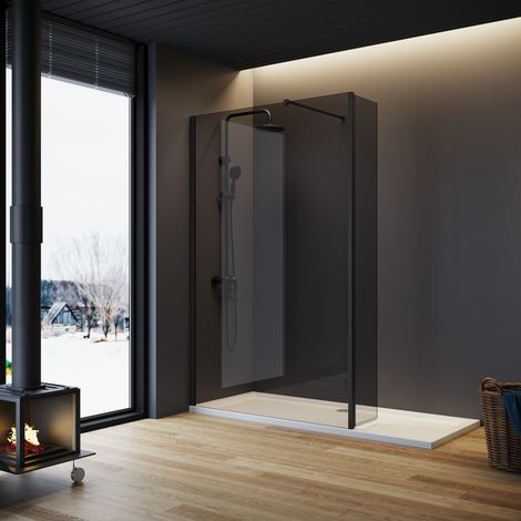 ELEGANT Grey Shower Door 800mm with Matte Black Flipper Panel Walk in Glass Bathroom Shower Enclosure Include Support Bar + Shower Tray 1200x700mm + Free Waste Trap (1/5)