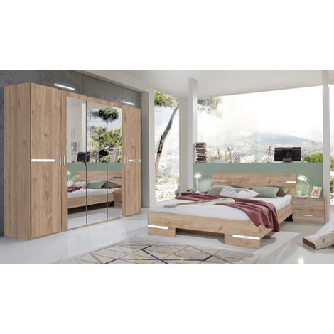 Chambre à coucher complète adulte (lit 180x200 cm + 2 chevets + armoire) coloris imitation chêne Artisan/chrome brillant -PEGANE-