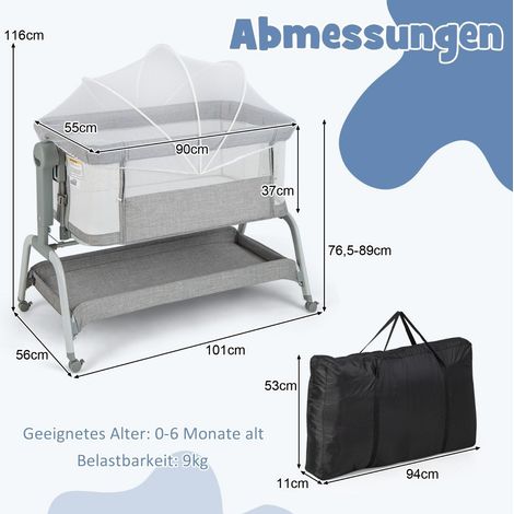 Lettino mobile 4 in 1 con zanzariera e materasso e 6 altezze regolabili grigio