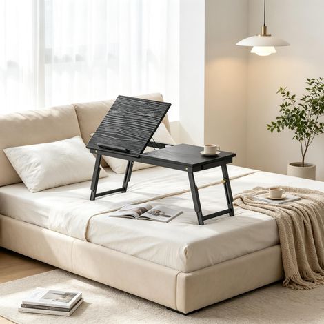 Tavolino da letto pieghevole e regolabile in bambù per laptop, con superficie inclinabile per lavorare a letto. (1/5)