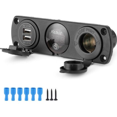 Panel con toma de mechero de 12 V y 3 orificios, voltímetro, cargador de coche USB doble y protección contra sobrecarga. (1/5)