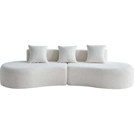 Sofá rinconero curvo blanco de 3 plazas en tejido efecto bouclé, diseño modular moderno