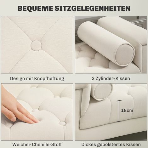 Banquette capitonnée rétro, 2 coussins, housse en chenille beige, 115 x 44 x 58 cm (1/4)
