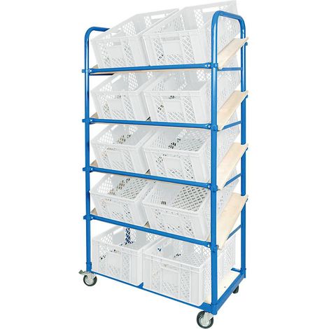 BRB Schrägboden-Regalwagen mit 5 Ebenen, 4 Lenkrollen, bestückt mit 10 Euroboxen durchbrochen 600x400x240 mm weiß