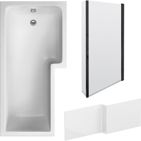 L Shape 1700x850 Shower Bath Set – Front Panel & Black Fixed Return Screen, Right Hand (1/4)