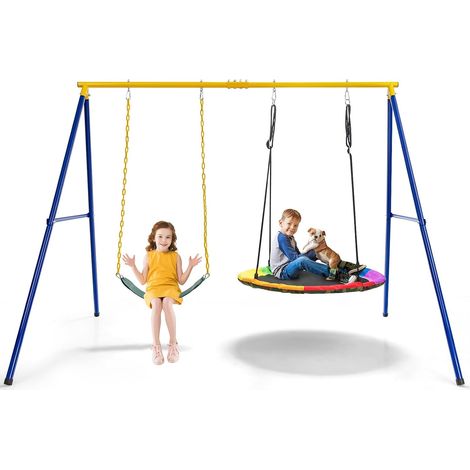 Portique Balançoire Extérieur en Métal avec 2 Balançoires, Balançoire Enfant Extérieur avec Cadre en Forme A & Cordes Réglables, Charge Max 300kg pour Adulte et Enfant de 3 Ans+ (1/5)