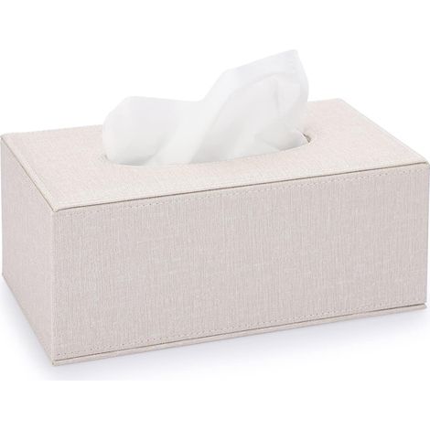 Dispensador de pañuelos rectangular de cuero sintético y lino, organizador de escritorio para dormitorio, oficina, sala de estar y jardín (beige).