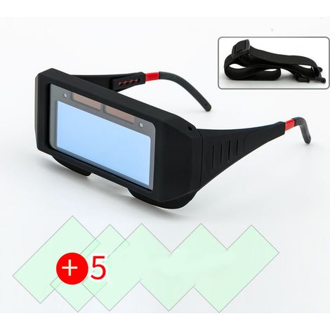 Lunettes de soudeur à obscurcissement automatique, champ de vision clair, protection ergonomique avec 5 vitres de rechange et élastique (1/5)