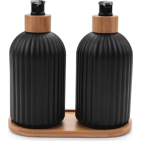 Distributeur de savon en verre de 414 ml avec plateau en bois, ensemble de 2 distributeurs de savon pour les mains et la vaisselle, décoration de cuisine, salle de bain ou style champêtre (1/5)