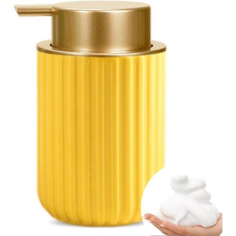 Distributeur de savon mousse réutilisable 325 ml, en céramique avec pompe dorée (blanc)