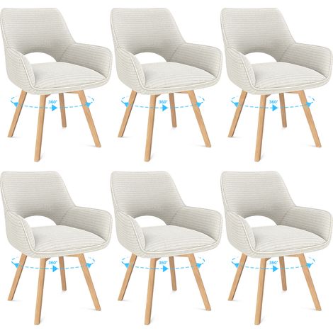 LEWE Lot de 6 Chaises de Salle à Manger, Fauteuil Pivotantes avec Accoudoirs,Rembourrées avec Dossier en Velours,Bois Pied,Beige (1/5)