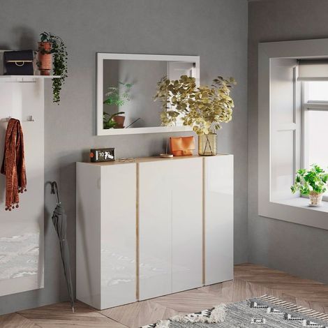 Moderne Schuhschrank 4 Türen weiß Hochglanz Eiche 140x35x111cm Chelsea (1/5)