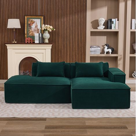 Sofá esquinero de tela 235 cm, 2 cojines, verde retro, estilo moderno, REDOM