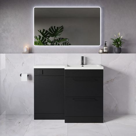 Napoli 390 Nero Oak 1100mm 2 Drawer Vanity Unit Toilet Suite with Square Right Hand Lucia Basin - 1100mm - Matt Black 320mm HandleWithout Kingston Toilet Pan