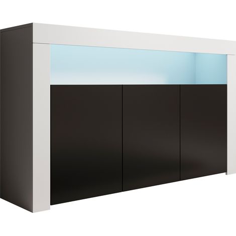 Aparador de salon 3 puertas con LED  Aparador de cocina  Mueble de salon  Recibidor  155x91x37cm  Modelo Rialta  Blanco y Negro mate