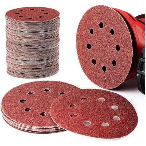 Meule à polir – 125 mm, grains 60, 80, 100, 120 et 240, forme ronde, pour le polissage de la tôle, 8 trous (100 pièces) (1/5)