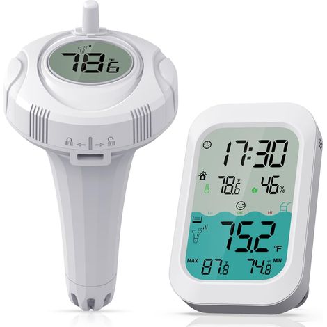 Thermomètre numérique sans fil pour piscine (portée 500 pieds) — Écran couleur, 3 canaux, étanche — Appareil de mesure de la température pour piscines, aquariums, bains et spas. (1/5)