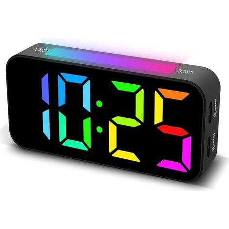Sveglia digitale nera RGB per camera da letto con luce notturna a 8 colori, ampio display, doppia sveglia e 3 livelli di volume. (1/5)