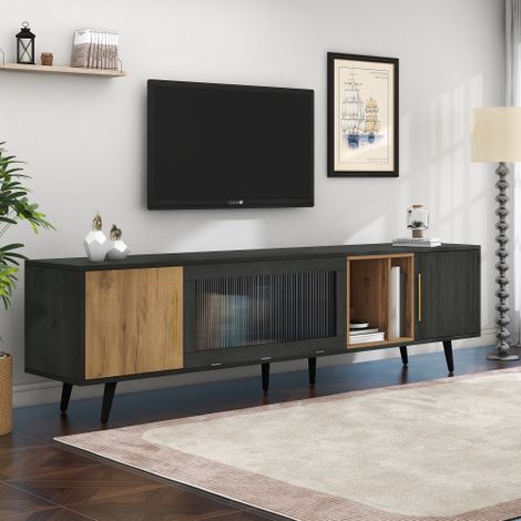 Meuble TV élégant, 200 x 40 x 55,5 cm, bois foncé, gris et veinage bois, adapté à un téléviseur de 90 pouces.