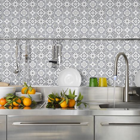 Sticker Mural Carrelage adhésif Cuisine Salle de Bain - 24 STICKERS CARREAUX DE CIMENT AUTHENTIQUES NATHALIA - 24stickers10x10cm (1/5)
