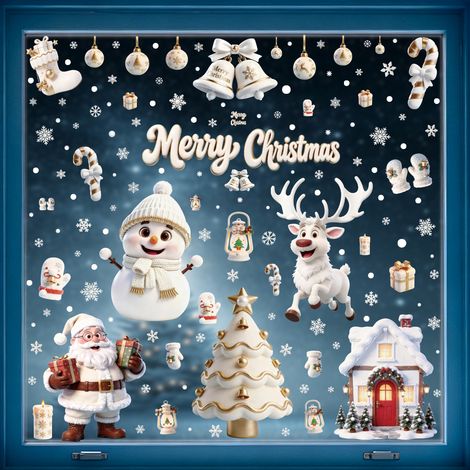 Autocollants de Noël populaires en platine pour fenêtres, autocollants en verre Père Noël, sapin de Noël, bonhomme de neige, autocollants statiques de maison de Noël