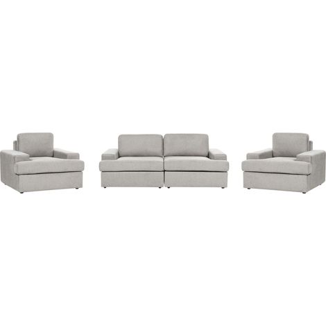 2 Fauteuils et 1 Canapé 3 Places en Tissu Gris Clair Contreplaqué et Bois d'Eucalyptus de Style Rétro à Assise Large Rembourré en Mousse (1/5)
