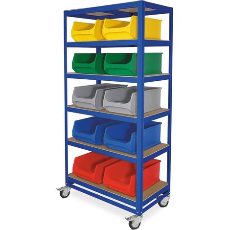 BRB Etagenwagen mit 6 Ebenen, BxTxH 900x500x1905 mm, 4 Lenkrollen, 2 mit Feststellbremse, blau, bestückt mit 10 Sichtboxen LB2, BxTxH 300x500x200 mm (Bunt)