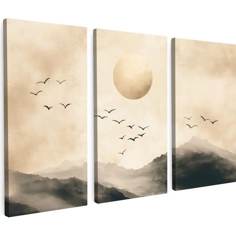 CUADRO EN LIENZO Paisaje - Japandi - Beige - Pájaros Tríptico Set de 3 60x40 (1/5)