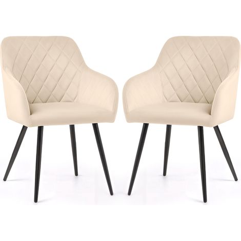 Lot de 2 Chaises en velours matelassées en losanges VELTO Beige pieds noirs (1/5)