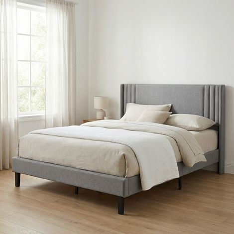 Letto per adulti 140x200 con rete a doghe silenziosa, letto matrimoniale con struttura letto in metallo e legno, tessuto in lino, design moderno scandinavo, Grigio