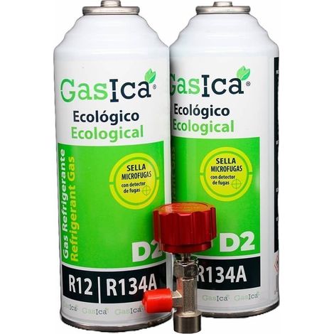 Pack ahorro (2x226Gr) Botellas Gas Refrigerante Gasica D2 sustituto de R12, R134A con llave recarga Gas
