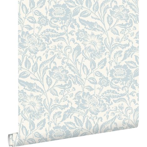 papier peint fleurs vintage bleu clair et blanc  - ESTAhome