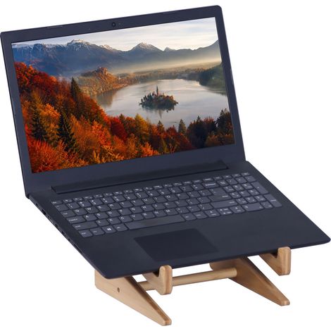 Relaxdays laptop stand, 10–15-inch, elevation & vertical holder, desk, home office, bamboo, natural (1/5)