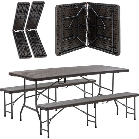 Mesa de picnic plegable de 180 cm con 2 bancos, set de 3 piezas en HDPE marrón (1/5)