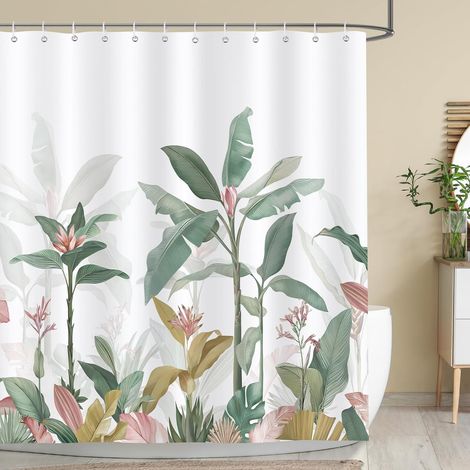 Cortina de ducha impermeable de poliéster con 12 ganchos. Estampado de palmeras y hojas de plátano en rosa y verde. 183 x 183 cm. (1/5)