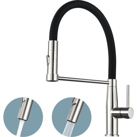Küchenarmatur mit flexiblem Auslauf, Silikon-Küchenmischer, 360° schwenkbare Küchenarmatur, Hochdruck, Edelstahl, mit zwei Strahlarten (gebürstet) (gebürstet)