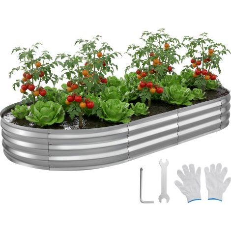 Cama Elevada de Jardín 240 x 120 x 30 cm Ovalada, Arriate de Jardín de Metal con Fondo Abierto, para Cultivo de Flores Plantas Verduras con Accesorios para Patio, Balcón, Terraza, Plateado (1/5)