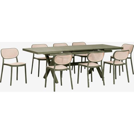 SKLUM Rechteckiger ausziehbarer Esstisch 180-240x90 cm aus Aluminium Karena und 8 stapelbare Gartenstühle aus Polypropylen Omara Tiefes Grün Olive (1/5)