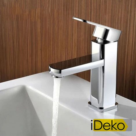 Robinet de lavabo mitigeur chromé – Corps en laiton – Aérateur ABS pour économie d'eau – Douchette – Installation facile avec flexibles – Ideko (1/5)